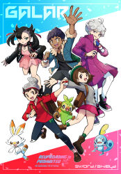 2girls 3boys absurdres ahoge arm_up asymmetrical_bangs backpack bag beanie bede_(pokemon) black_boots black_choker black_jacket black_nails black_pants black_shirt black_shoes blue_eyes blue_gloves blue_hair blue_jacket blue_pants boots bright_pupils brown_bag brown_boots brown_eyes brown_hair choker clenched_hand coat collared_shirt copyright_name curly_hair dark-skinned_male dark_skin dress dynamax_bang eyelashes fangs fingerless_gloves fingernails gloria_(pokemon) gloves green_eyes green_socks grey_hair grey_hat grey_jacket grookey hair_ribbon hat highres holding holding_poke_ball holding_stick holding_strap hop_(pokemon) jacket long_hair long_sleeves marnie_(pokemon) multiple_boys multiple_girls nail_polish nostrils open_clothes open_jacket open_mouth outline outstretched_arm pants pink_dress plaid_clothes plaid_socks poke_ball poke_ball_(basic) pokemon pokemon_(creature) pokemon_sword_and_shield purple_coat red_ribbon red_shirt ribbon sawarabi_(sawarabi725) scorbunny shirt shoes short_hair single_fingerless_glove smile sobble socks starter_pokemon_trio stick teeth twintails undercut upper_teeth_only v-neck v-shaped_eyebrows victor_(pokemon) violet_eyes white_outline white_pupils yellow_eyes 