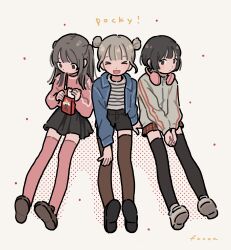  >_< 3girls absurdres black_hair black_shoes black_skirt black_thighhighs blue_jacket brown_hair brown_shoes brown_thighhighs commentary double_bun food food_in_mouth fucca full_body hair_bun headphones headphones_around_neck highres jacket long_hair miniskirt multiple_girls open_clothes open_jacket open_mouth original own_hands_together pink_shirt pink_thighhighs plaid_clothes plaid_skirt pocky pocky_day shirt shoes short_hair short_shorts shorts sitting skirt striped_clothes striped_shirt thigh-highs track_jacket untranslatable_commentary zettai_ryouiki 