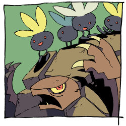  alternate_color border claws colored_sclera commentary golem_(pokemon) looking_up no_humans oddish open_mouth pokemon pokemon_(creature) red_eyes saboteri_(savot) shiny_pokemon white_border yellow_sclera 