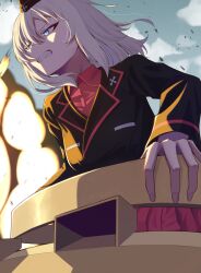  1girl absurdres black_hat black_jacket blue_eyes blue_sky clouds cloudy_sky commentary day dress_shirt explosion frown garrison_cap girls_und_panzer grey_hair grimace hat highres insignia itsumi_erika jacket kuromorimine_military_uniform long_sleeves looking_to_the_side medium_hair military_hat military_uniform outdoors red_shirt shirt sky solo tank_cupola wing_collar zattahouse 