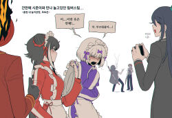  1other 2boys 3girls ambiguous_gender arthropod_limbs black_gloves brother_and_sister brown_hair camera commentary_request dante_(limbus_company) double_bun gloves gregor_(project_moon) grey_hair hair_bun highres holding holding_camera holding_tray hong_lu_(project_moon) jersey_maid jia_xichun_(project_moon) kira_(project_moon) korean_commentary korean_text limbus_company long_hair maid maid_headdress misg1111 multiple_boys multiple_girls project_moon purple_track_suit red_track_suit ryoshu_(project_moon) siblings smoking thumbs_up track_suit translation_request tray unconventional_maid weapon weapon_on_back 