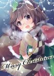  1girl animal_ears blush brown_eyes brown_hair christmas fang futatsuiwa_mamizou glasses leaf leaf_on_head looking_at_viewer mittens open_mouth pince-nez raccoon_ears raccoon_tail sen1986 short_hair smile solo tail touhou 