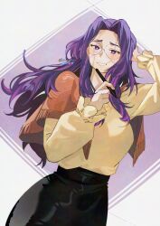  1girl absurdres artist_name black_skirt boku_no_hero_academia breasts commentary cowboy_shot curvy dutch_angle english_commentary glasses hand_on_own_head high-waist_skirt highres holding holding_pen knowname lady_nagant long_hair looking_at_viewer mature_female medium_breasts multicolored_hair multiple_scars narrow_waist pen purple_hair rimless_eyewear scar scar_across_eye scar_on_cheek scar_on_face scars_all_over simple_background skirt standing sweater violet_eyes 
