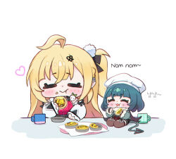  2girls ahoge animal_ears bare_shoulders black_hair blonde_hair blush chalky_(zenless_zone_zero) chibi cissia_(zenless_zone_zero) closed_eyes closed_mouth commentary cup detached_sleeves eating food hair_between_eyes hair_ornament hairclip heart holding holding_food hue_oo jane_doe_(zenless_zone_zero) mini_person mouse_ears mouse_girl mouse_tail multiple_girls open_mouth pom_pom_(clothes) pom_pom_hair_ornament sharp_tail sitting snake snake_girl sound_effects tail untranslatable_commentary white_background white_snake zenless_zone_zero 