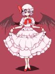  1girl bat_wings dra dress dress_lift full_body lavender_hair looking_at_viewer red_background red_eyes remilia_scarlet short_hair simple_background smile solo touhou wings 