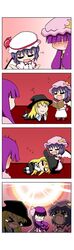  &gt;_&lt; 3girls 4koma :d absurdres bat_wings blonde_hair blush bow chibi closed_eyes comic hair_bow hair_ribbon hat highres kirisame_marisa laughing long_hair lying mob_cap multiple_girls musical_note on_stomach open_mouth patchouli_knowledge purple_hair rakugaki-biyori remilia_scarlet ribbon short_hair smile sweat tears touhou wings witch_hat xd zzz 