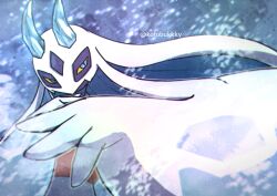  aqua_eyes colored_sclera commentary_request froslass horns kotobukkii_(yt_lvlv) mega_froslass pokemon pokemon_(creature) pokemon_focus snowing solo twitter_username yellow_sclera 