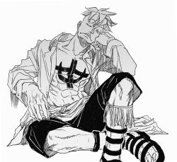  1boy abs chest_tattoo collared_shirt commentary_request greyscale head_rest ilove2d3d4d korean_commentary male_focus marco_(one_piece) monochrome one_piece open_clothes open_shirt parted_lips sandals sash shirt sitting solo tattoo 