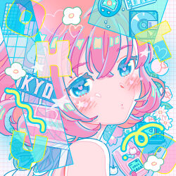  1girl bare_shoulders blue_eyes blush cd cellphone closed_mouth commentary crossed_bangs flip_phone grid_background hair_between_eyes heart heart-shaped_pupils highres hiro046k looking_at_viewer original phone pink_hair portrait short_hair solo symbol-shaped_pupils 