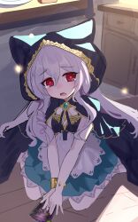  1girl absurdres animal_ear_hood breasts commentary dress grey_hair hair_between_eyes highres hood long_hair looking_at_viewer red_eyes sen_mitsu_kata_shi_yuki_jaku_kanou shadowverse signa_(shadowverse) sitting skirt small_breasts solo untranslatable_commentary 