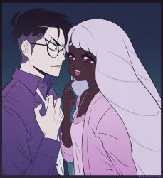  1boy 1girl absurdres babydoll black-framed_eyewear blush collared_shirt commentary corbeau_(pokemon) couple dark-skinned_female dark_skin english_commentary eye_contact finger_to_mouth fingernails frown furrowed_brow glasses hand_up hetero highres index_finger_raised jacinthe_(pokemon) long_fingernails long_hair long_sleeves looking_at_another low_drills necktie no_jacket open_clothes open_mouth open_robe parted_lips pink_babydoll pokemon pokemon_legends:_z-a purple_hair purple_robe purple_shirt removing_necktie robe round_eyewear shirt short_hair singsingswing2 sleepwear smile sweatdrop teasing teeth undercut upper_body upper_teeth_only v-shaped_eyebrows very_dark_skin violet_eyes white_necktie yellow_eyes 