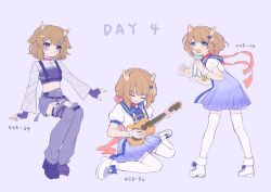  3girls antlers bandaid bandaid_on_face blue_dress blue_eyes brown_hair choker closed_eyes commentary_request crop_top dress english_text fingerless_gloves gloves gradient_clothes gradient_skirt grey_pants guitar hair_ornament highres holding holding_instrument holding_microphone horns instrument kano_(utaite) kneeling kunkunkunshu lightning_bolt_hair_ornament lightning_bolt_symbol microphone midriff multiple_girls multiple_views music open_mouth outstretched_hand pants playing_instrument purple_background red_choker red_ribbon ribbon sailor_collar short_hair simple_background singing sitting sketch skirt smile standing star_(symbol) star_hair_ornament thigh-highs utaite white_choker white_thighhighs 