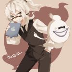  1boy black_eyes character_name dual_persona ghost grin light_smile male_focus necktie one_eye_closed personification shouen_kigashi silhouette simple_background smile solo vest whisper_(youkai_watch) white_hair youkai_watch 