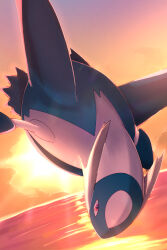  commentary_request dragon flying highres latios no_humans ocean orange_sky outdoors pokemon pokemon_(creature) pokemon_focus red_eyes rumine_(yoshi1234567) sky water wings 