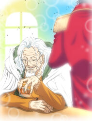  2boys beard black_hair cape coat epaulettes facial_hair glasses gol_d._roger highres long_hair male_focus multiple_boys musasabiop old old_man one_piece orange_shirt red_coat round_eyewear scar scar_across_eye scar_on_face shirt silvers_rayleigh sitting white_cape white_hair 