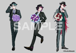  3boys ;d akuma_shitsuji_to_kuroi_neko alternate_costume amaryllis_(flower) aqua_hair black_gloves black_hair black_hat black_jacket black_necktie black_pants black_shoes black_suit black_vest blue_eyes bouquet collared_shirt contrast_lapels copyright_notice cross-laced_shoes cuff_links diagonal_bangs dress_shoes eyeliner fedora flower flower_request full_body glasses gloves green_eyes green_jacket green_pants green_suit green_vest grey_background grey_jacket grey_necktie grey_pants grey_shoes grey_suit hair_between_eyes hand_in_pocket hand_on_headwear hand_on_own_chest hat heterochromia holding holding_bouquet jacket lamli_bennett lapels lineup long_hair long_sleeves looking_at_viewer low_ponytail lucas_thompscie makeup male_focus mark_under_both_eyes mole mole_under_eye monk_shoes multicolored_hair multiple_boys nac_stein necktie notched_lapels official_art one_eye_closed open_clothes open_jacket pants parted_lips patterned_clothing pink_hair pinstripe_jacket pinstripe_pattern pleated_sleeves ponytail print_jacket print_pants purple_flower purple_necktie purple_socks red_eyeliner red_eyes red_flower red_hair sample_watermark scar scar_on_cheek scar_on_face sharp_teeth shirt shoes short_hair shu_(oshigoto_boshuuchuu) sideways_glance simple_background smile socks split-color_hair standing standing_on_one_leg suit suit_jacket suit_pants teeth two-tone_pants vest watermark wavy_hair white_flower white_shirt yellow_eyes 