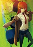  1girl belt black_legwear brown_hair computer cover cover_page highres huke jacket legwear_under_shorts long_hair makise_kurisu necktie outstretched_arms pantyhose short_shorts shorts sleeves_past_wrists solo spread_arms steins;gate television violet_eyes 