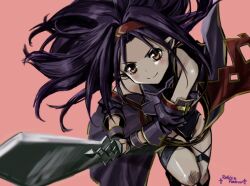  1girl ahoge armor artist_logo artist_name bare_shoulders blush boots commentary_request fingerless_gloves floating_hair foot_out_of_frame gloves hairband highleg highleg_leotard holding holding_sword holding_weapon jun_(rellik_&amp;_redrum) leotard logo long_hair long_sleeves looking_at_viewer obsidian_slasher pink_background pointy_ears purple_armor purple_gloves purple_hair purple_leotard purple_sarong purple_sleeves red_eyes red_hairband red_trim sarong simple_background smile solo sword sword_art_online thigh_boots weapon yellow_trim yuuki_(sao) 