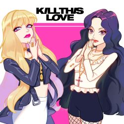  2girls black_shorts blackpink blonde_hair blunt_bangs closed_mouth commentary_request cropped_jacket eyeshadow fishnet_pantyhose fishnets gleaming_day jennie_(blackpink) jewelry korean_commentary like lisa_(blackpink) long_hair looking_at_viewer makeup multiple_girls necklace pantyhose red_eyeshadow ring shirt shorts white_shirt yellow_nails 