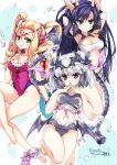  3girls :d bat_wings black_hair blonde_hair blue_eyes breasts character_request cleavage double_bun green_eyes hair_ornament haku_(p&amp;d) horns karin_(p&amp;d) long_hair looking_at_viewer meimei_(p&amp;d) multicolored_hair multiple_girls navel open_mouth puzzle_&amp;_dragons reina_(black_spider) short_hair smile swimsuit two-tone_hair white_hair wings 