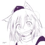  1girl animal_ears bone hair_between_eyes hat inubashiri_momiji looking_at_viewer monochrome mouth_hold pom_pom_(clothes) portrait short_hair signature simple_background solo taurine_8000mg tokin_hat touhou twitter_username white_background wolf_ears 