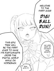  1girl digimon digimon_story:_time_stranger english_text highres jojo_no_kimyou_na_bouken lordknightmon phantom_phony simple_background sketch solo_focus speech_bubble steel_ball_run twintails upper_body white_background yggdrasill_(digimon) 