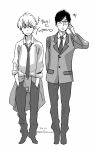  2boys adjusting_glasses aldnoah.zero artist_name blazer character_name clothes_around_waist dated full_body glasses hands_in_pockets highres long_sleeves looking_at_viewer male matsuribi_kisaki monochrome multiple_boys necktie pants school_uniform shimura_takako simple_background sleeves_rolled_up standing tsumugi_yutaro white_background 