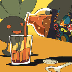  bottle_cap bottle_opener commentary cup juice oddish open_mouth out_of_frame pokemon pokemon_(creature) pouring saboteri_(savot) shuckle simple_background soda yellow_background 