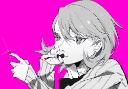  1girl black_bow black_bowtie bow bowtie cardigan choker closed_mouth commentary earrings eyelashes flipped_hair gekkoukan_high_school_uniform glint greyscale_with_colored_background hair_between_eyes highres holding jewelry long_sleeves mina_(mina_st4r) nail_polish nail_polish_brush pearl_earrings persona persona_3 pink_background red_nails ribbed_cardigan school_uniform shirt short_hair smile solo spot_color stud_earrings takeba_yukari untranslatable_commentary upper_body white_choker wing_collar 