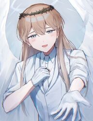  1boy :d amano_mashiro blood blood_on_clothes blue_eyes blush brown_hair collared_shirt commentary_request crown_of_thorns dress_shirt earrings falling_feathers feathers formal_clothes gloves hair_down halo hand_on_own_chest highres jewelry kasugano_(owf_ksg) lapels long_hair male_focus mitsudomoe_koubou_(series) necktie oshi_no_taisetsuna_hito_ni_narikawaru reaching reaching_towards_viewer shirt smile solo stud_earrings thorn_in_chest upper_body very_long_hair white_gloves white_necktie white_shirt white_wings wings 