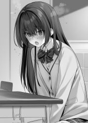  1girl blush bow bowtie bungaku_otome_wa_kanojo_ja_nai_no_ni collared_shirt commentary_request diagonal-striped_bow diagonal-striped_bowtie diagonal-striped_clothes flying_sweatdrops greyscale highres indoors jacket lapels long_hair monochrome nishimeya_hinayo notched_lapels novel_illustration official_art open_mouth oryo_(oryo04) school_uniform second-party_source shirt sitting skirt solo striped_bow striped_bowtie striped_clothes sweat wing_collar 