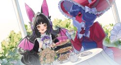  2girls animal_ears bat_ears bat_girl bat_wings black_dress black_hair black_sclera blue_hair colored_sclera colored_skin cup digimon digimon_(creature) dress flower hat highres horns indie_virtual_youtuber lamiamon long_hair monster_girl moriko_kyoho mugripley multiple_girls open_mouth pink_skin red_dress rose smile teacup teapot very_long_hair virtual_youtuber wings yellow_eyes 