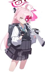  1girl absurdres ahoge ammunition_pouch beretta_1301 black_gloves blue_archive bulletproof_vest commentary fingerless_gloves gloves gun hair_between_eyes halo hand_up handgun highres holding hoshino_(armed)_(blue_archive) hoshino_(blue_archive) long_hair necktie over_shoulder pink_hair pink_halo plaid_clothes plaid_skirt pleated_skirt ponytail pouch school_uniform shirt shotgun simple_background skirt solo tactical_school_uniform untranslatable_commentary uzu_(malese0202) weapon weapon_over_shoulder white_background white_shirt yellow_eyes 