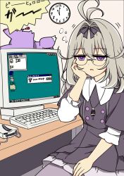  1girl antenna_hair black_capelet black_dress bow capelet clock commentary_request computer computer_keyboard desk dress glasses hair_intakes highres holding indoors long_hair looking_at_viewer mashu-tan meitantei_precure! monitor moria_luluka office open_mouth precure sitting violet_eyes wahiko_(black_bastard) 