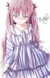  >:) 1girl alternate_costume alternate_hairstyle arms_at_sides black_ribbon blue_dress blush bright_pupils closed_mouth collarbone commentary_request cowboy_shot dress embarrassed hair_between_eyes hair_ribbon heaven_burns_red highres holding_own_dress kunimi_tama long_hair long_sleeves looking_at_viewer nose_blush pink_eyes pink_hair pleated_dress ribbon sidelocks signature simple_background smile solo straight_hair torikaze785 two_side_up v-shaped_eyebrows very_long_hair white_background white_pupils 