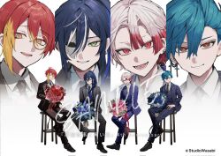  4boys :d akuma_shitsuji_to_kuroi_neko alternate_costume ammon_lead anniversary baby's-breath black_flower black_jacket black_necktie black_pants black_rose black_shoes black_suit black_vest blonde_hair blue_hair blue_jacket blue_pants blue_suit blue_vest boschi_arenas bouquet bright_pupils brown_necktie collared_shirt column_lineup_background commentary_request copyright_notice cracked_mask cross cross-laced_shoes cross_earrings daisy_(flower) double-parted_bangs dress_shoes ear_chain ear_piercing earrings eye_mask face_piercing fennesz_oswald fern flower forehead_piercing full_body gerbera green_eyes grey_flower grey_rose grid_print hair_between_eyes hair_over_shoulder half_eye_mask haures_clifford high_ponytail highres holding holding_bouquet hypericum_berry jacket jewelry lapels lineup linked_piercing loafers long_hair long_sleeves looking_at_viewer lower_teeth_only male_focus mask monocle multicolored_hair multiple_boys necktie notched_lapels official_art orange_eyes orange_flower orange_rose pants parted_lips peony_(flower) piercing pink_flower pink_ribbon pink_rose pinstripe_jacket pinstripe_pants pinstripe_pattern pinstripe_suit pinstripe_vest ponytail purple_flower purple_rose red_eyes red_flower red_hair red_ribbon red_rose ribbon rose sakusya2honda sample_watermark shirt shoes short_eyebrows short_hair side_part simple_background single_sidelock sitting smile spread_legs stool streaked_hair suit suit_jacket suit_pants teeth tongue_piercing tulip two-tone_hair vest watermark white_background white_flower white_hair white_pupils white_rose white_shirt white_streaks white_tulip yellow_eyes zoom_layer 