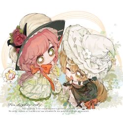  2girls absurdly_long_hair animal artist_request bag bare_shoulders black_bag black_wrist_cuffs bonnet bow bowtie brown_hair butterfly_hat_ornament cat chibi chinese_commentary choker clothed_animal commentary_request commission crossover dress dress_bow floral_print flower frilled_dress frilled_headwear frills gloves gown green_dress green_eyes green_gloves hair_between_eyes hand_on_headwear hand_on_own_chin happy hat hat_flower hat_ornament headwear_switch hoop_skirt infinity_nikki lace-trimmed_choker lace-trimmed_dress lace-trimmed_gloves lace_trim large_bow layered_sleeves leaf long_dress long_hair long_sleeves momo_(nikki) multiple_girls nikki_(nikki) nikki_(series) off-shoulder_dress off_shoulder official_alternate_color one_eye_closed open_mouth pink_flower pink_rose print_dress rainfall_&amp;_blossoms_(infinity_nikki) red_bow red_bowtie reverse:1999 rose sample_watermark second-party_source short_over_long_sleeves short_sleeves sleeveless sleeveless_dress sotheby speech_bubble spoken_character stretching very_long_hair victorian waist_bag watermark white_background white_bonnet white_cat white_flower white_hat white_rose wide_sleeves witch_hat wrist_cuffs 