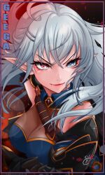  1girl absurdres ahoge armor black_gauntlets blue_dress blue_eyes breasts clawed_gauntlets commentary dress fangs gauntlets general_geega grey_hair hair_ornament heterochromia highres large_breasts leotard long_hair pointy_ears red_eyes see-through_cleavage see-through_clothes see-through_leotard shihir09 shoulder_armor single_gauntlet solo virtual_youtuber vshojo 