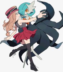  1girl 1other :d alternate_color aqua_hair black_shoes bracelet commentary_request eye_contact eyelashes eyewear_on_headwear gardevoir hat highres holding_hands jewelry kuru_(4rfw7) leg_up long_hair looking_at_another medium_hair mega_gardevoir open_mouth orange_eyes pleated_skirt pokemon pokemon_(creature) pokemon_x_and_y red_skirt serena_(pokemon) shiny_pokemon shirt shoes skirt sleeveless sleeveless_shirt smile sunglasses sweatdrop thigh-highs 