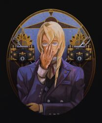  1boy ace_attorney adjusting_eyewear badge balance_scale blazer blonde_hair blue_eyes blue_jacket blue_suit button_badge buttoned_cuffs buttons chain collared_shirt commentary drill_hair english_commentary floral_background flower glasses hand_on_eyewear highres jacket kristoph_gavin lana_rm7 lock long_hair long_sleeves male_focus padlock pink_ribbon psyche-lock ribbon scar scar_on_hand shirt solo stained_glass suit sunflower upper_body weighing_scale white_shirt 