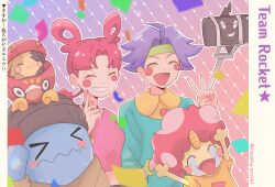  >_< 1boy 1girl :> afro ahoge aqua_shirt beanie black_hat blue_hair blush blush_stickers bracelet cellphone closed_eyes closed_mouth clothed_pokemon coin commentary_request confetti darumaka eyelashes fangs finger_to_cheek fingernails gold green_headband grin hair_intakes hair_ribbon hat headband highres ichi_(pikapikapocket) james_(pokemon) jessie_(pokemon) jewelry koban_(gold) meowth morpeko morpeko_(full) nail_polish official_alternate_costume official_alternate_hairstyle open_mouth orange_shirt outline phone pink_hair pink_nails pink_shirt pokemon pokemon_(anime) pokemon_(creature) pokemon_journeys purple_nails ribbon rotom rotom_phone selfie_stick shirt short_hair short_sleeves smartphone smile team_rocket teeth translation_request v white_outline wig wobbuffet 