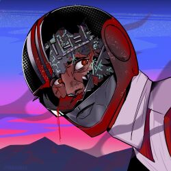  1boy asami_tatsuya blood blood_drip blood_on_face broken_glass broken_helmet cable derivative_work exposed_internal_machinery furrowed_brow glass helmet highres injury looking_at_viewer male_focus mirai_sentai_timeranger paraduax portrait red_eyes red_helmet scene_reference screenshot_redraw solo sparks super_sentai time_red 