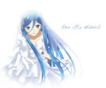  1girl absurdres aoki_hagane_no_arpeggio blue_eyes blue_hair dress foreshortening gloves highres jishou_roukyuu long_hair takao_(aoki_hagane_no_arpeggio) wedding_dress 