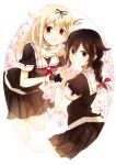  2girls :d :o ahoge black_gloves black_hair black_skirt blonde_hair blue_eyes braid fingerless_gloves floral_background gloves hair_flaps hair_ornament hair_ribbon hairclip kantai_collection kazuhito_(1245ss) long_hair multiple_girls neckerchief open_mouth pleated_skirt red_eyes ribbon scarf school_uniform serafuku shigure_(kantai_collection) single_braid skirt smile white_scarf yuudachi_(kantai_collection) 