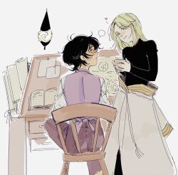  2girls agott_arklaum_(tongari_boushi_no_atelier) black_hair chair coco_(tongari_boushi_no_atelier) colored_skin cup desk formal_clothes full_body green_hair grey_background highres holding holding_cup long_sleeves multiple_girls oa_lien paper short_hair sitting smile standing tongari_boushi_no_atelier yuri 