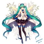  1girl 7th_dragon_2020 absurdly_long_hair aqua_eyes artist_name ballet_slippers bare_shoulders black_legwear black_thighhighs blue_footwear blue_ribbon blue_shoes character_name choker closed_mouth female full_body green_eyes green_hair hairband hatsune_miku highres long_hair long_twintails metto ribbon shoes skirt smile solo standing strapless thigh-highs thighhighs twintails very_long_hair vocaloid wrist_cuffs zettai_ryouiki 