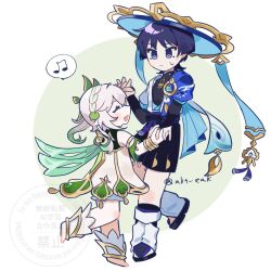  1boy 1girl akt_eak anklet aqua_gem arm_at_side armlet armor black_bodysuit black_bow black_sandals black_shorts bloomers blue_cape blue_hat blue_jingasa blue_kimono blue_sleeves blunt_ends blush bodysuit bow bracelet braid bridal_gauntlets cape choppy_bangs closed_eyes closed_mouth dancing detached_sleeves dress eyelashes eyeliner facing_another feathers full_body furisode gem genshin_impact gold gold_ring gold_trim green_cape green_hair green_sleeves grey_bridal_gauntlets hair_ornament hakama hakama_shorts half_crown_braid hands_up happy hat height_difference highres holding_hands interlocked_fingers japanese_armor japanese_clothes jewelry jingasa juban kimono kote kurokote layered_sleeves leaf leaf_hair_ornament leg_warmers makeup mandarin_collar medium_hair middle_ring multicolored_hair musical_note nahida_(genshin_impact) open_clothes open_kimono open_mouth pleated_shorts pom_pom_(clothes) purple_hair purple_pupils purple_sash red_eyeliner sandals sash scaramouche_(genshin_impact) short_sleeves shorts shoulder_peek side_cape side_ponytail sidelocks sideways_mouth simple_background socks spoken_musical_note stirrup_footwear streaked_hair sweatdrop toeless_legwear twitter_username violet_eyes vision_(genshin_impact) wanderer_(genshin_impact) watermark white_bloomers white_dress white_hair white_kimono white_leg_warmers white_sleeves white_socks white_trim yellow_feathers zouri 