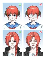  1boy 1girl bandaid bandaid_on_face bandaid_on_nose blood blood_on_clothes blood_on_face blue_eyes blue_sailor_collar braid braided_ponytail brother_and_sister bun_cover closed_eyes coke-bottle_glasses double_bun gintama glasses hair_bun highres kagura_(gintama) kamui_(gintama) long_hair looking_at_viewer maengdu_(ma0du) multiple_views orange_hair sailor_collar sannen_z-gumi_ginpachi_sensei school_uniform serafuku shirt siblings single_braid smile white_shirt 