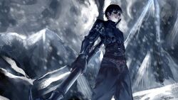  1boy :d absurdres armor black_hair breastplate from_below grin highres holding holding_weapon male_focus mountainous_horizon outdoors sayg15000 shadow_slave short_hair shoulder_armor smile snow snowing solo sunny_(shadow_slave) underlighting weapon 