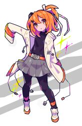  1girl a.i._voice absurdres adachi_rei black_pantyhose black_shirt blush commentary double-parted_bangs full_body grey_skirt hair_between_eyes hair_ribbon highres honoca6190 jacket long_sleeves looking_at_viewer open_clothes open_jacket open_mouth orange_eyes orange_hair outstretched_arm pantyhose pleated_skirt ponytail ribbon shirt shoes short_hair short_ponytail skirt sleeves_past_fingers sleeves_past_wrists solo sparkle standing turtleneck turtleneck_shirt utau white_jacket white_ribbon white_shoes 